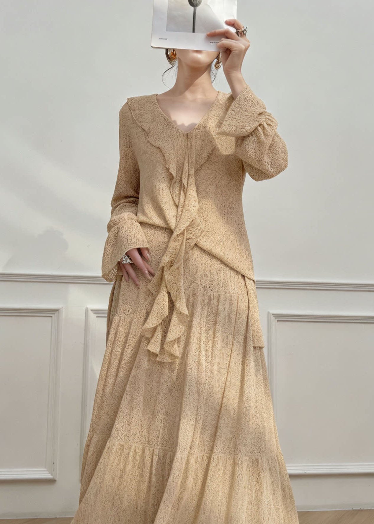 Fine Ruffled Top and Skirts Cotton Two Pieces Set Spring