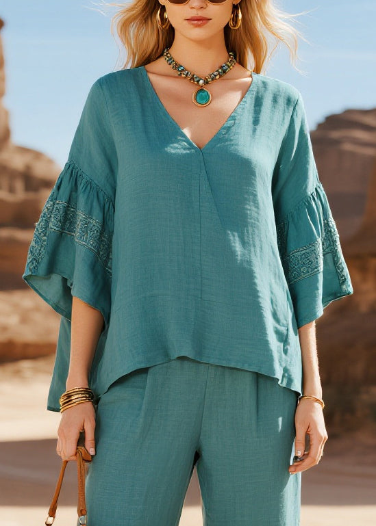 Fine Sea Blue V Neck Oversized Cotton Two Pieces Set Flare Sleeve