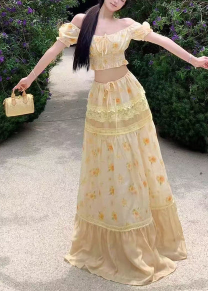 Fine Slash Neck Print Top and Long Skirts Two Pieces Set Summer
