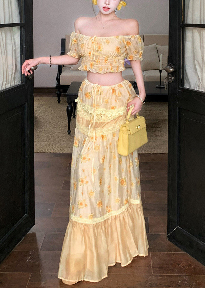 Fine Slash Neck Print Top and Long Skirts Two Pieces Set Summer