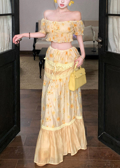 Fine Slash Neck Print Top and Long Skirts Two Pieces Set Summer