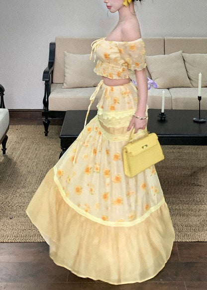 Fine Slash Neck Print Top and Long Skirts Two Pieces Set Summer