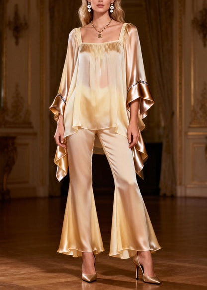 Fine Square Collar Asymmetrical Patchwork Silk Two Pieces Set Summer
