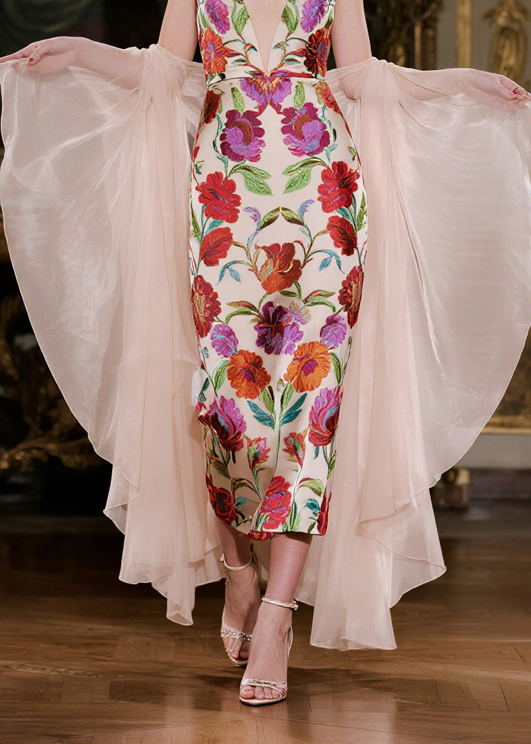 Fine V Neck Print Silk Spaghetti Strap Dress and Cape Two-piece Set Summer