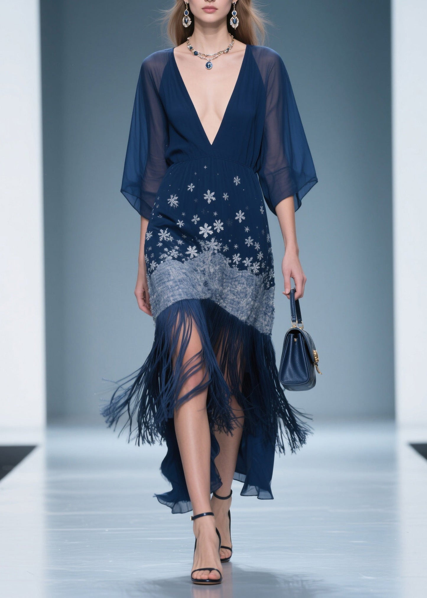 Fine V Neck Print Tassel Chiffon Maxi Dresses Summer