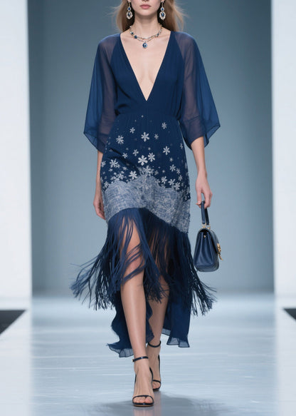 Fine V Neck Print Tassel Chiffon Maxi Dresses Summer