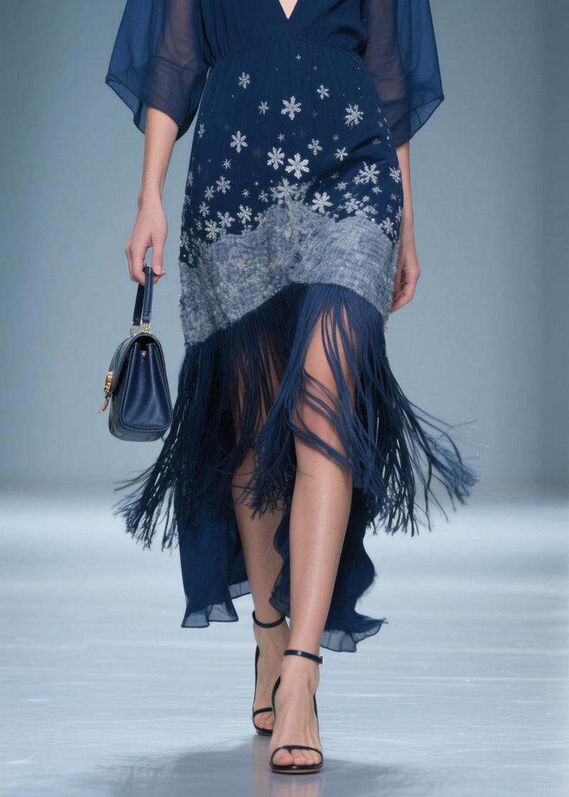 Fine V Neck Print Tassel Chiffon Maxi Dresses Summer