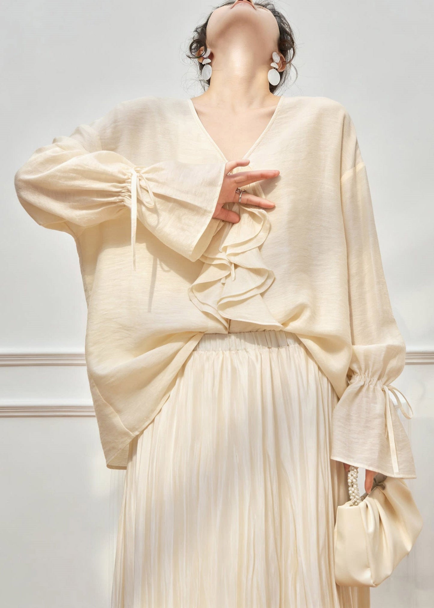 Fine V Neck Tie Lace Top and Maxi Skirts Two Pieces Set Flare Sleeve