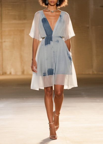 Fine White Cinched Print Tulle Mid Dress Summer