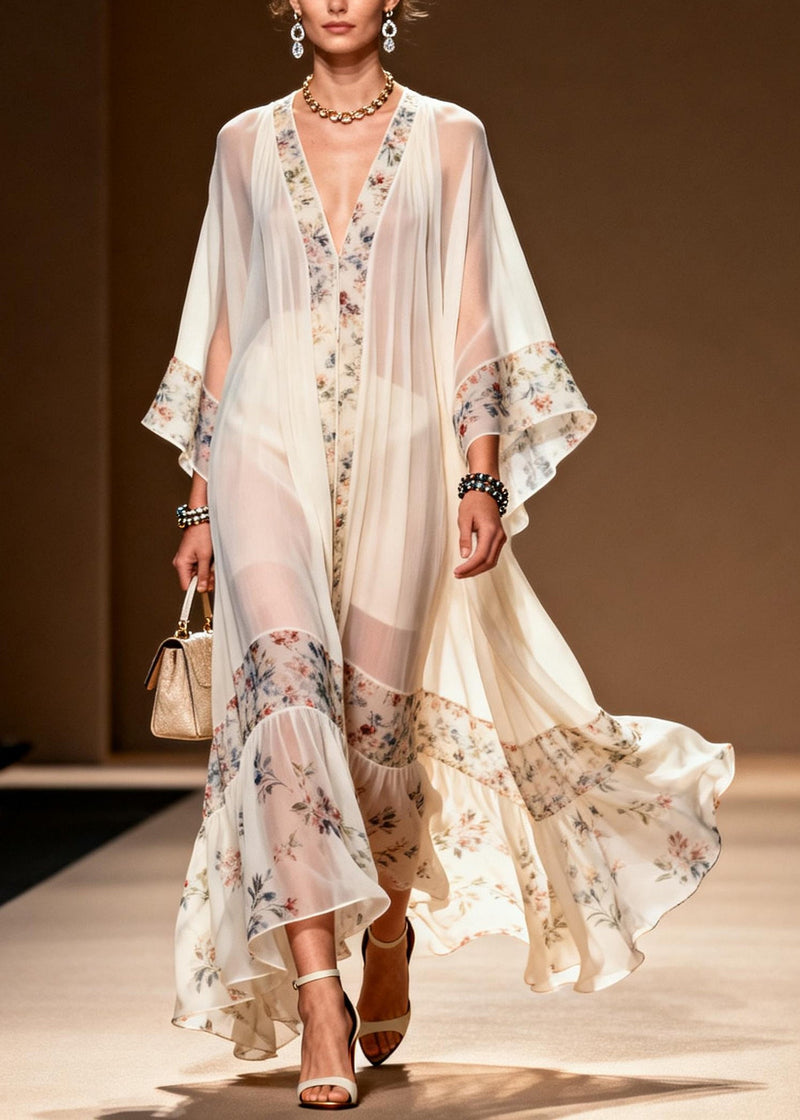 Fine White Oversized Patchwork Print Chiffon Party Dress Summer