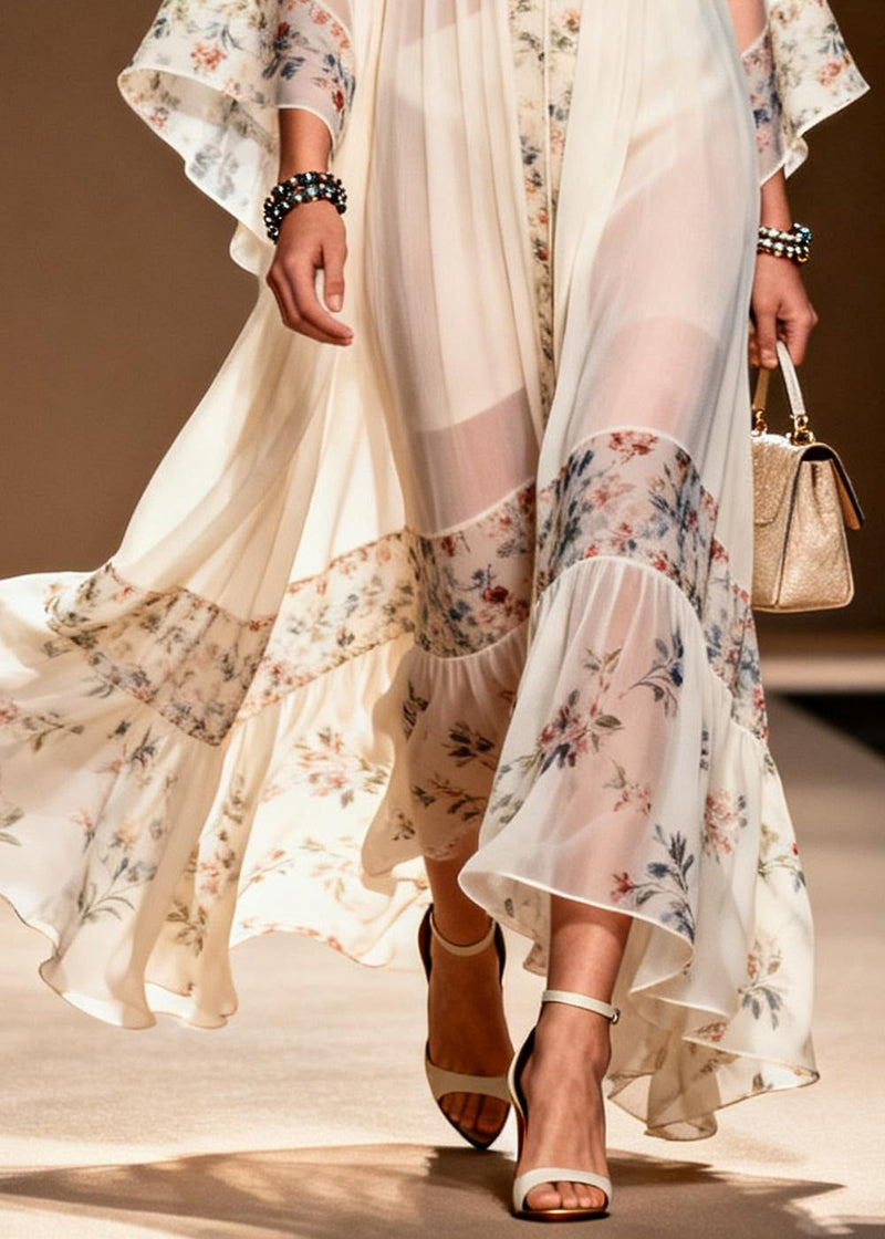 Fine White Oversized Patchwork Print Chiffon Party Dress Summer