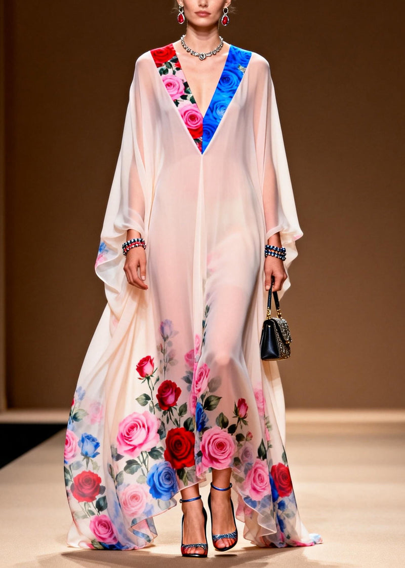 Fine White Oversized Print Chiffon Evening Dress Summer
