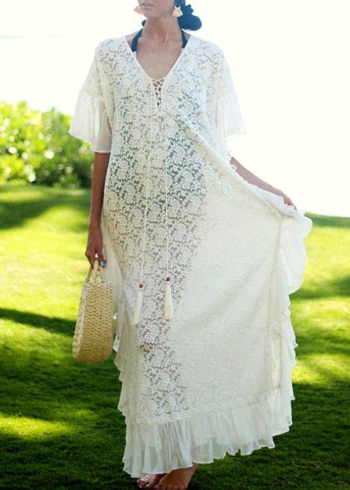 Fine White Patchwork Chiffon Kimono Robe Lace Dress