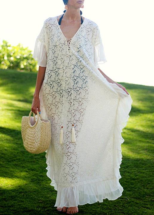 Fine White Patchwork Chiffon Kimono Robe Lace Dress