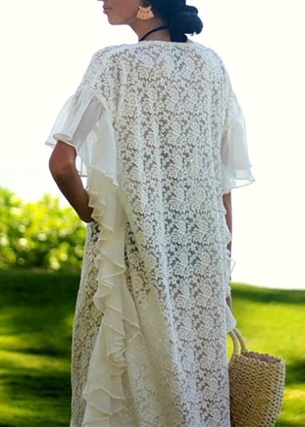 Fine White Patchwork Chiffon Kimono Robe Lace Dress