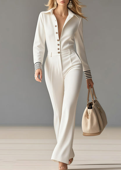 Fine White Peter Pan Collar Patchwork Spandex Work Jumpsuit Spring