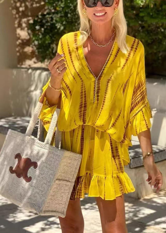 Fine Yellow Print Zircon Chiffon Beach Dress Batwing Sleeve