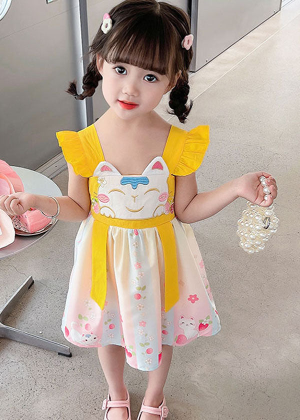 Fine Yellow Ruffled Embroideried Patchwork Cotton Baby Dresses Summer