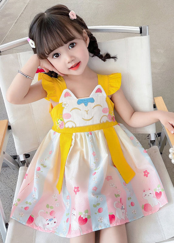 Fine Yellow Ruffled Embroideried Patchwork Cotton Baby Dresses Summer