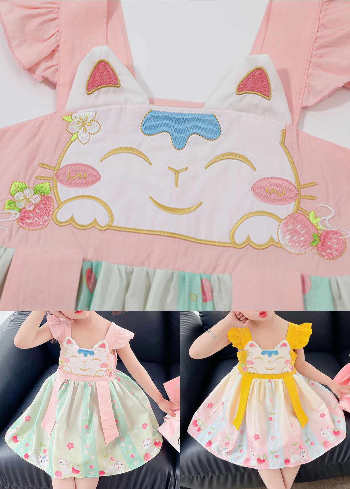 Fine Yellow Ruffled Embroideried Patchwork Cotton Baby Dresses Summer