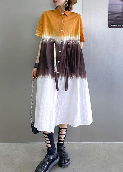 Fine Yellow Tie Dye Buttontie Sashes Short Sleeve Dresses