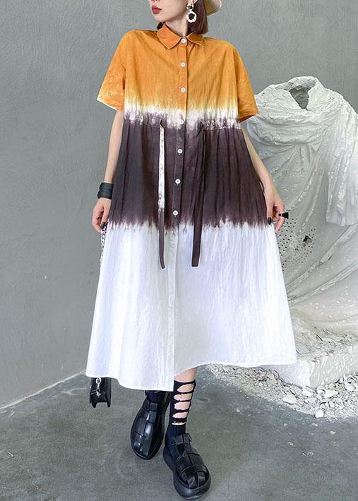 Fine Yellow Tie Dye Buttontie Sashes Short Sleeve Dresses