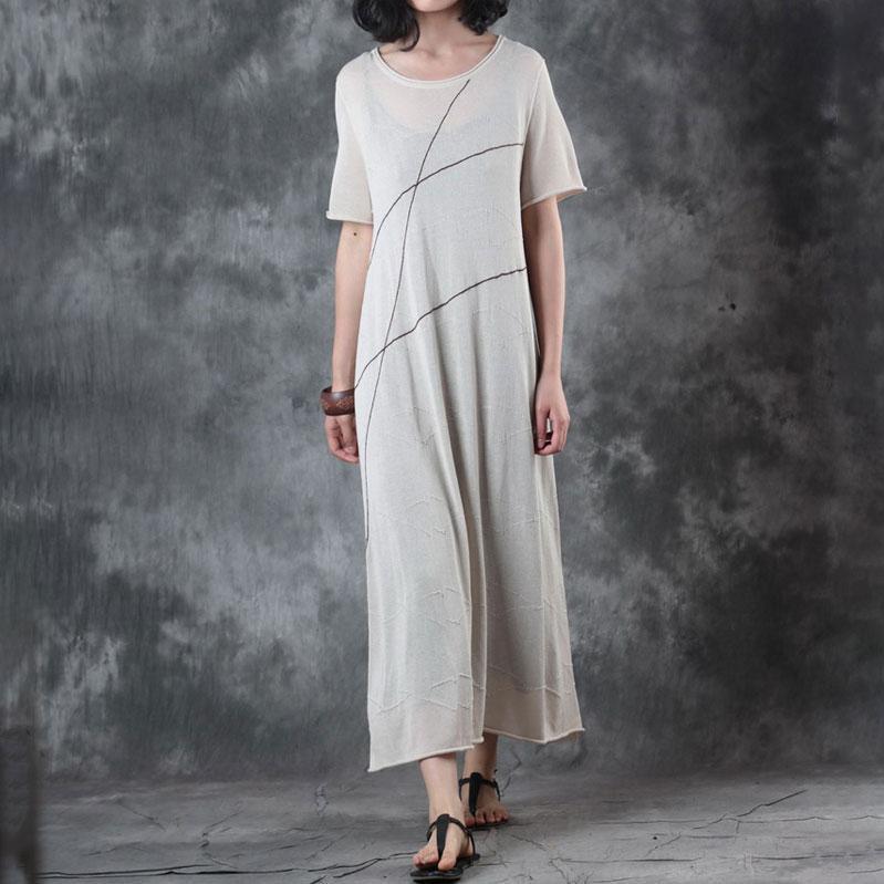 Fine Long Linen Dresses Round Neck Knitting Short Sleeve Flax Dress