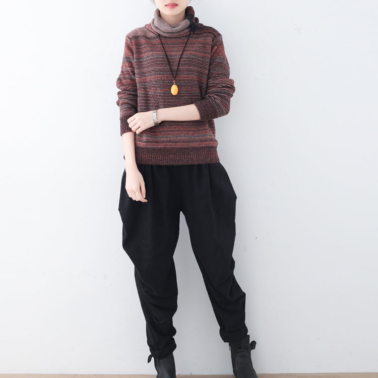 Fine Red Striped Cozy Sweater Fall Knit Sweat Tops High Neck Winter Shirt
