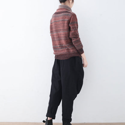 Fine Red Striped Cozy Sweater Fall Knit Sweat Tops High Neck Winter Shirt
