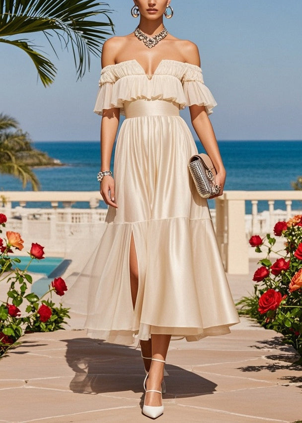 Fitted Apricot Cold Shoulder Side Open Silk Strapless Dresses Summer