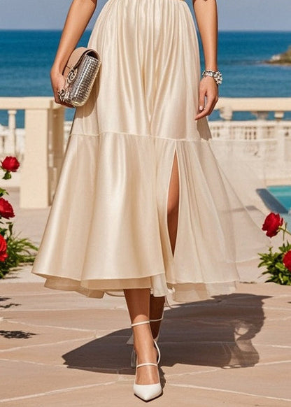 Fitted Apricot Cold Shoulder Side Open Silk Strapless Dresses Summer