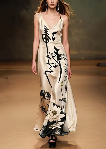 Fitted Apricot Print Draping Silk Party Dress Summer