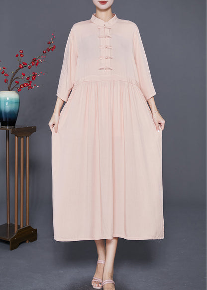Fitted Apricot Stand Collar Chinese Button Linen Dress Bracelet Sleeve