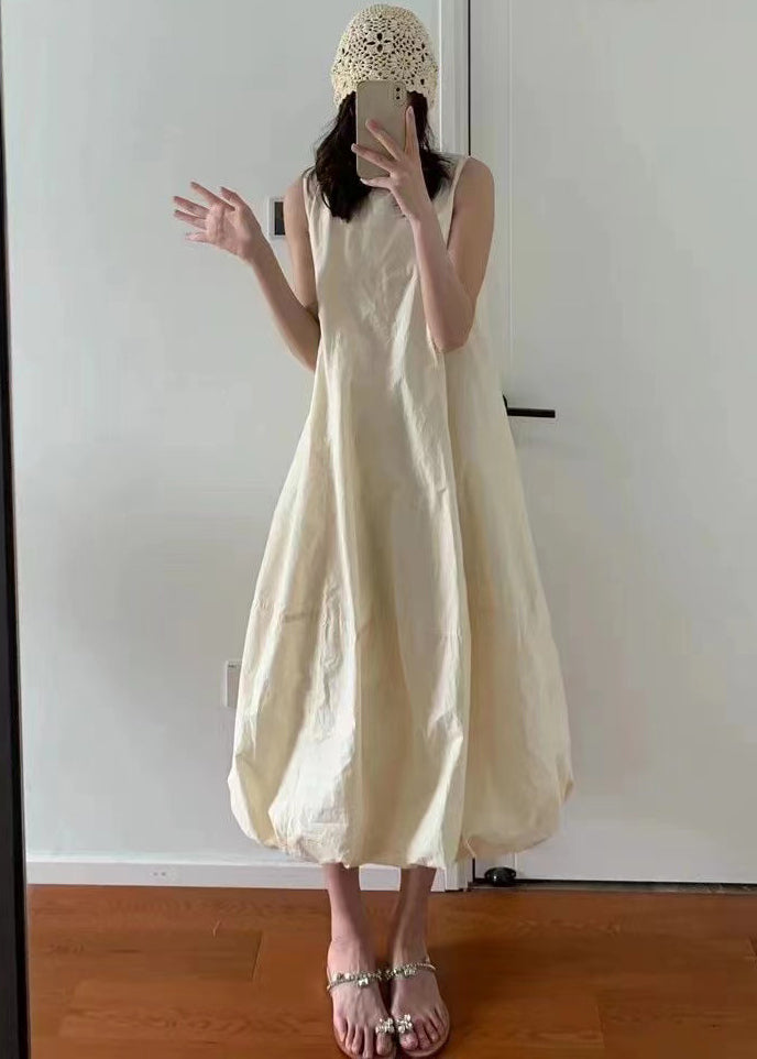 Fitted Beige O-neck Cotton Lantern Dress Sleeveless