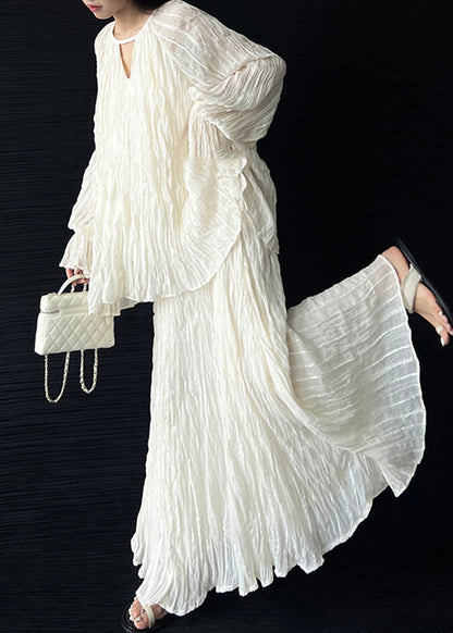 Fitted Beige O-neck Wrinkled Top and a Line Skirts Two Pieces Set Lantern Sleeve