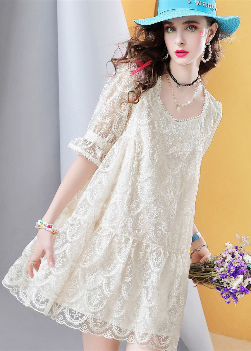 Fitted Beige Square Collar Nail Bead Patchwork Lace Mid Dress Petal Sleeve