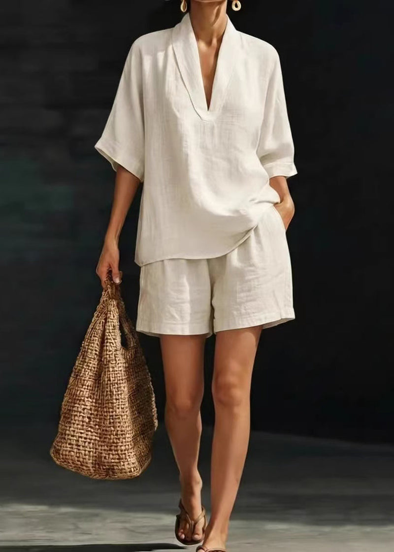 Fitted Beige V Neck Oversized Linen Two Piece Set Summer