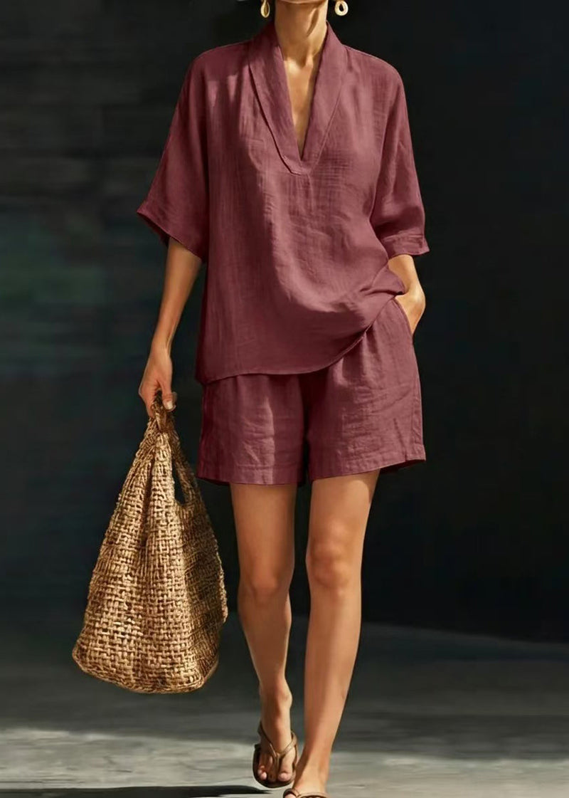 Fitted Beige V Neck Oversized Linen Two Piece Set Summer