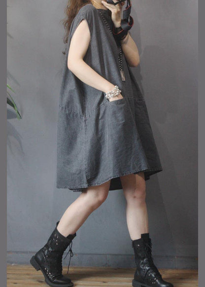 Fitted Black Grey O-neck Low High Design Summer Denim Mid Dress