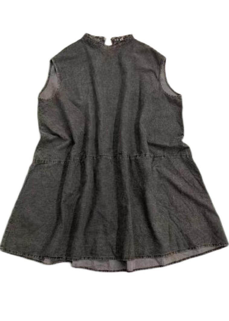 Fitted Black Grey O-neck Low High Design Summer Denim Mid Dress