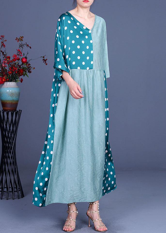 Fitted Black Patchwork Dot V Neck Silk Ankle Dress Summer