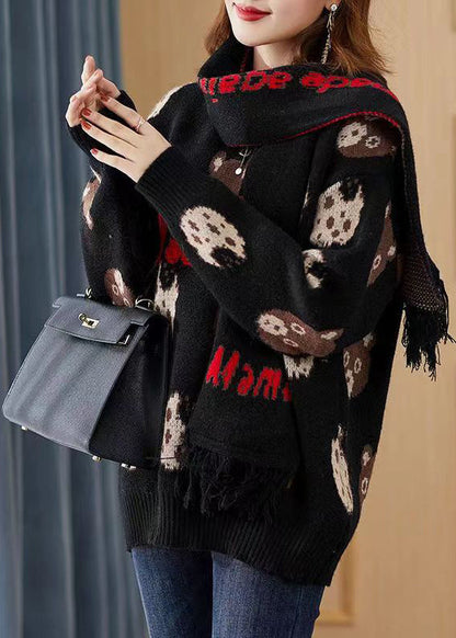 Fitted Black Print Free Scarf Knit Pullover Winter