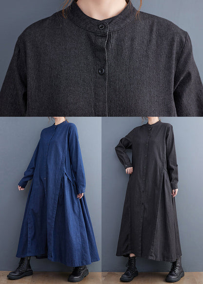 Fitted Black Stand Collar Exra Large Hem Denim a Line Dress Fall