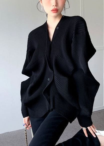 Fitted Black V Neck Button Asymmetrical Design Fall Sweater Coat