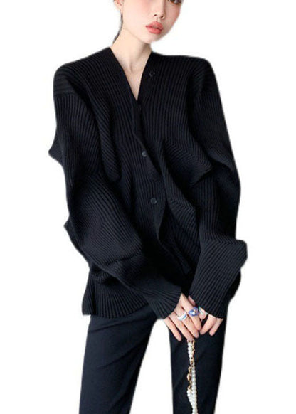 Fitted Black V Neck Button Asymmetrical Design Fall Sweater Coat
