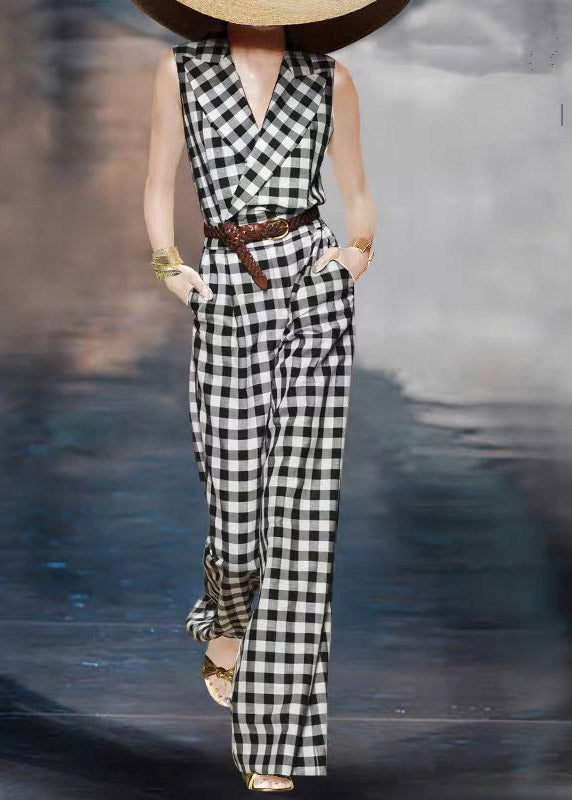 Fitted Black White Plaid Notched High Waist Sashe Jumpsuits Summer