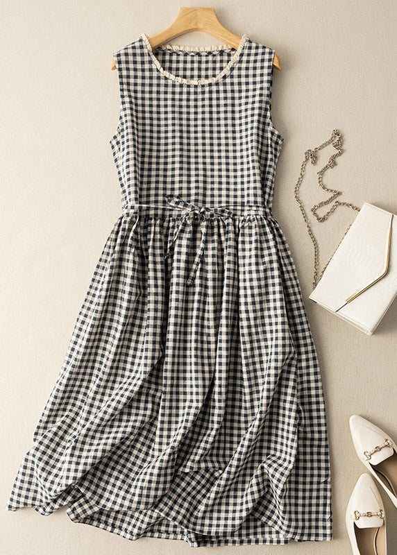 Fitted Black White Plaid O-neck Patchwork Tie Waist Maxi Dress Summer