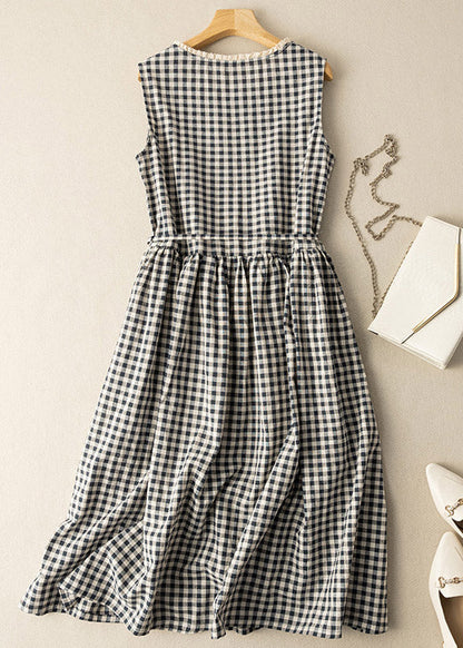 Fitted Black White Plaid O-neck Patchwork Tie Waist Maxi Dress Summer