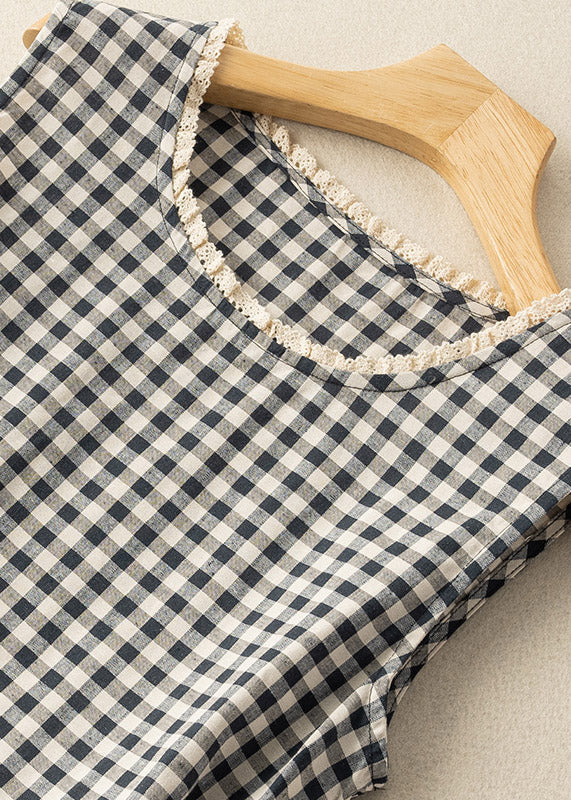 Fitted Black White Plaid O-neck Patchwork Tie Waist Maxi Dress Summer