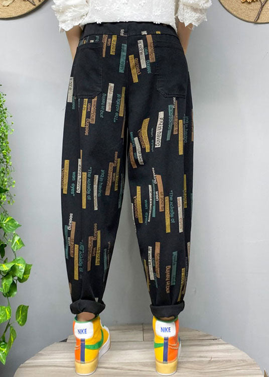 Fitted Black Elastic Waist Print Denim Pants Spring